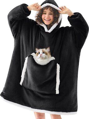 Black Wearable Blanket Hoodie,Oversized Cat Lovers Sweatshirt Blanket for Adult